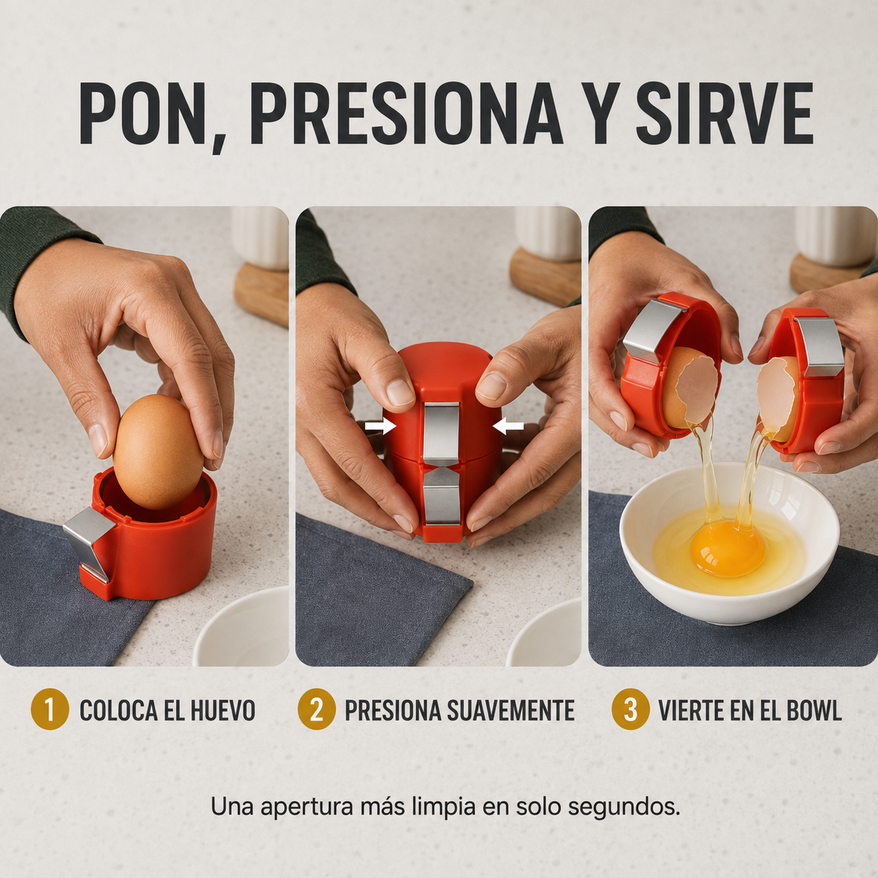 HuevoExacto™ - Abre tus huevos en segundos, sin trozos de cáscara en el bowl ni desorden en tus manos.